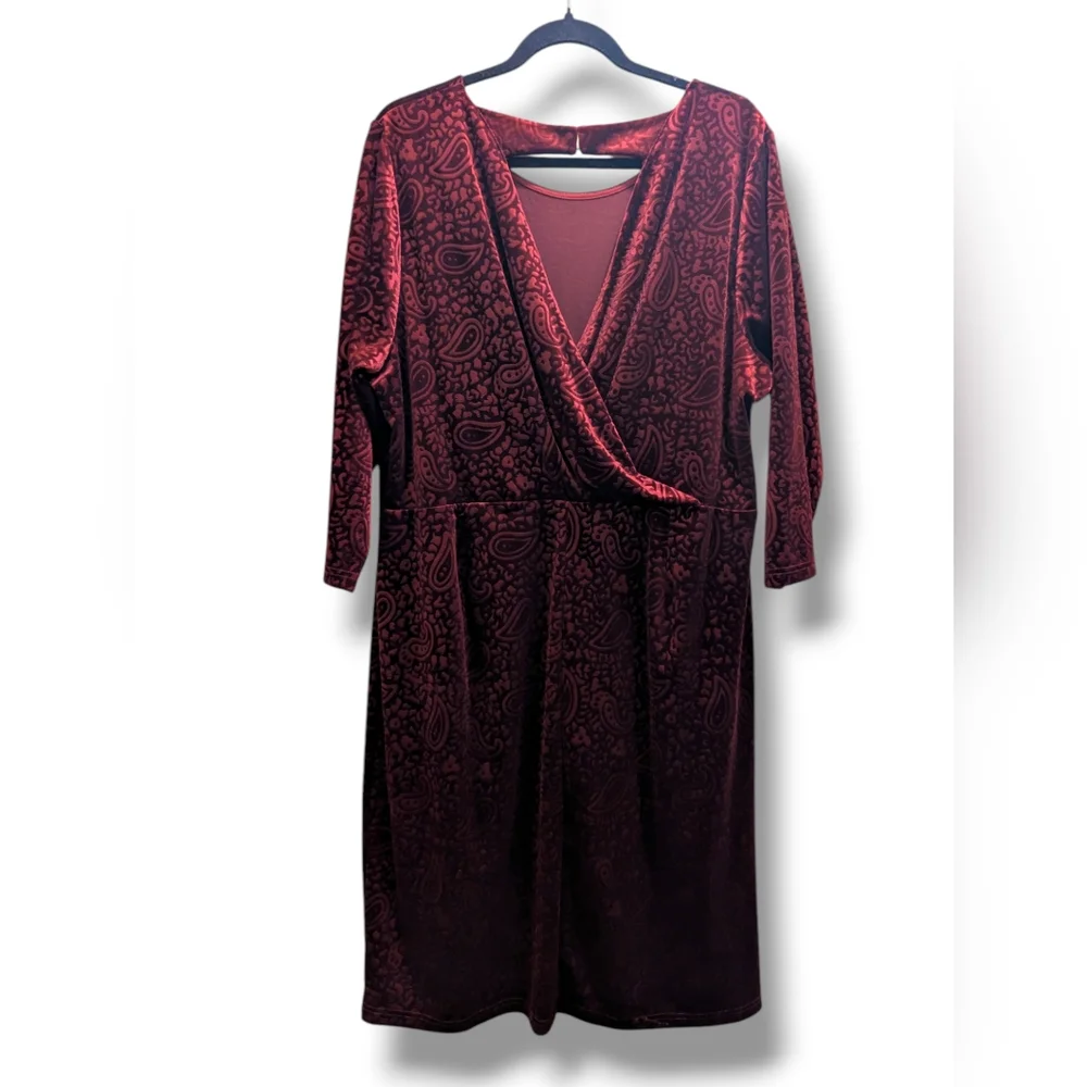 Spenser Jeremy Mulberry Velvet Paisley Back Cut-Out 3/4 Sleeves Midi Dress- 1X